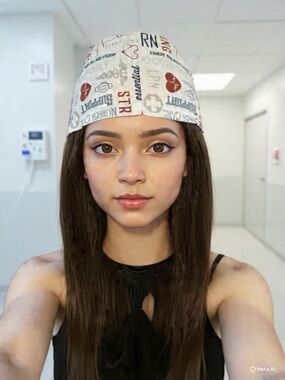 Nurse Print  Scrub Cap - White with Red & Blue Accents